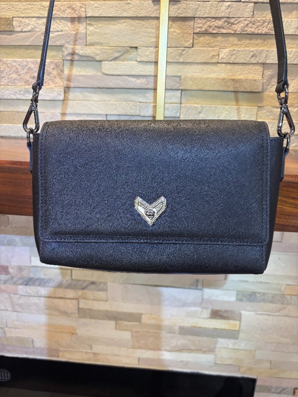 NWOT LOVCAT Black Saffiano Leather Crossbody Bag Crystal Heart Emblem